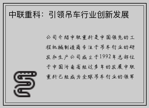 中联重科：引领吊车行业创新发展