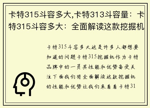 卡特315斗容多大,卡特313斗容量：卡特315斗容多大：全面解读这款挖掘机的性能和优势