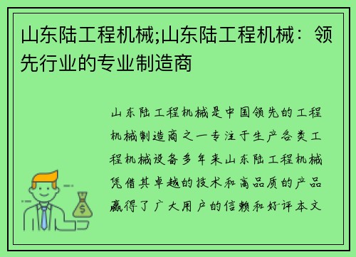 山东陆工程机械;山东陆工程机械：领先行业的专业制造商